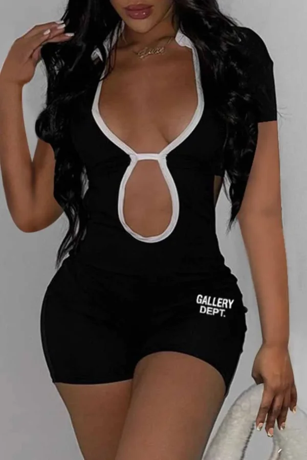 Black Backless Letter V Neck Rompers