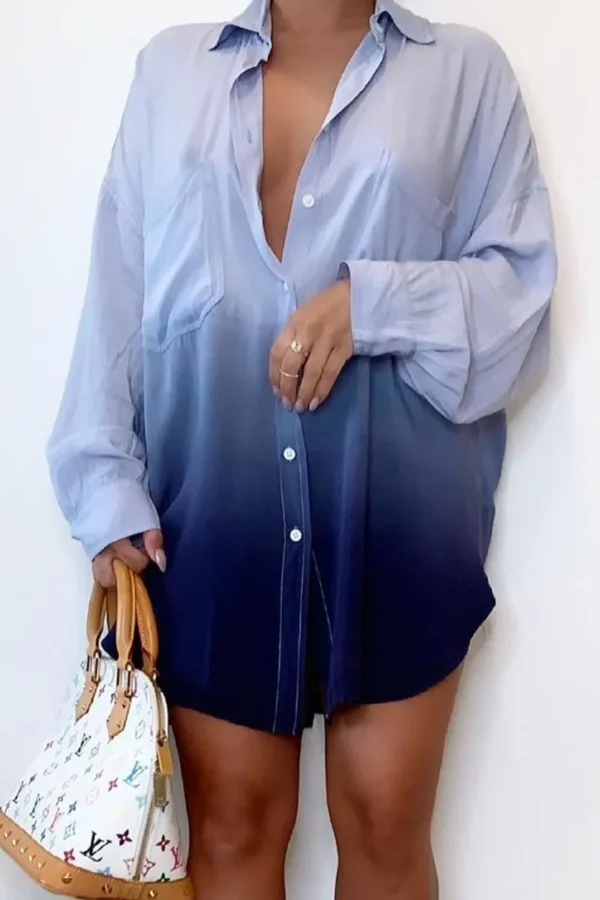 Casual Gradual Change Print Buckle Turndown Collar Tops