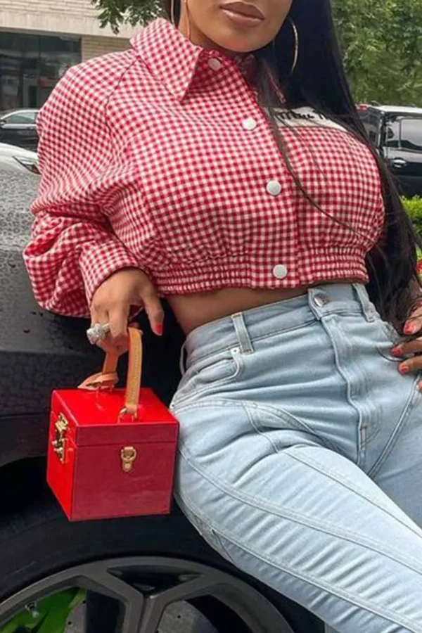 Casual Plaid Letter Turndown Collar Tops