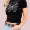 Black Casual Butterfly O Neck T-Shirts