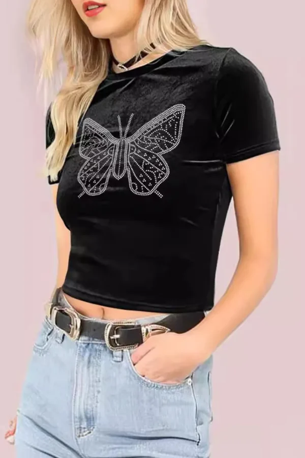 Black Casual Butterfly O Neck T-Shirts