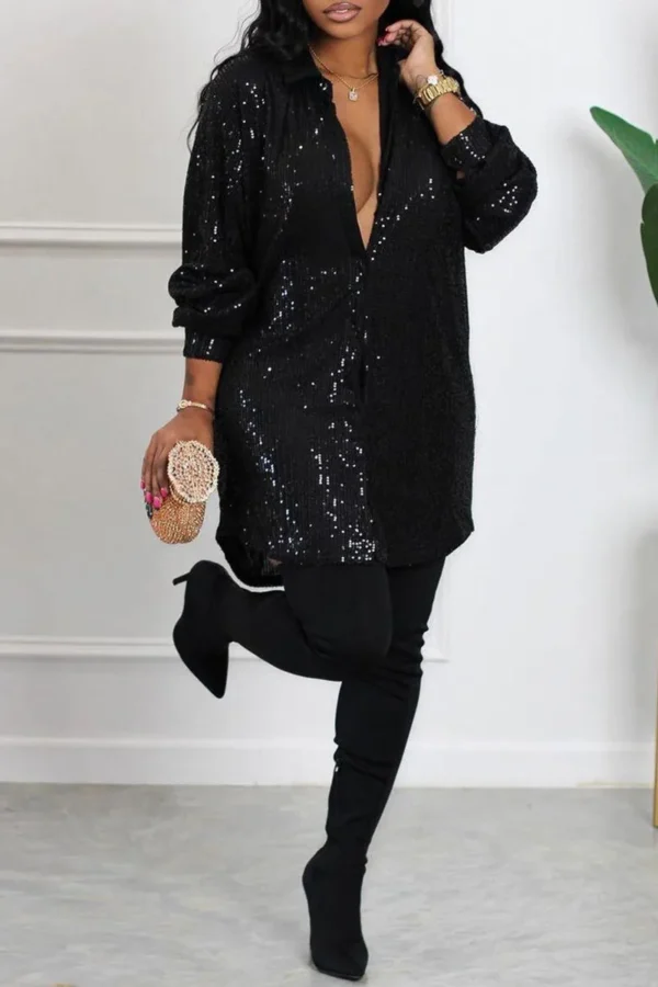 Sequins Shirt Collar Shirt Dress