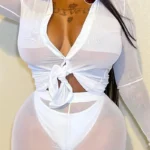 See-through Mesh Turndown Collar Tops