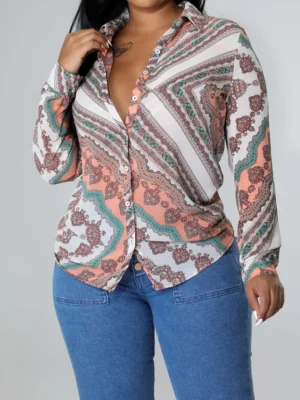 Multicolor Casual Print Buckle Turndown Collar Tops