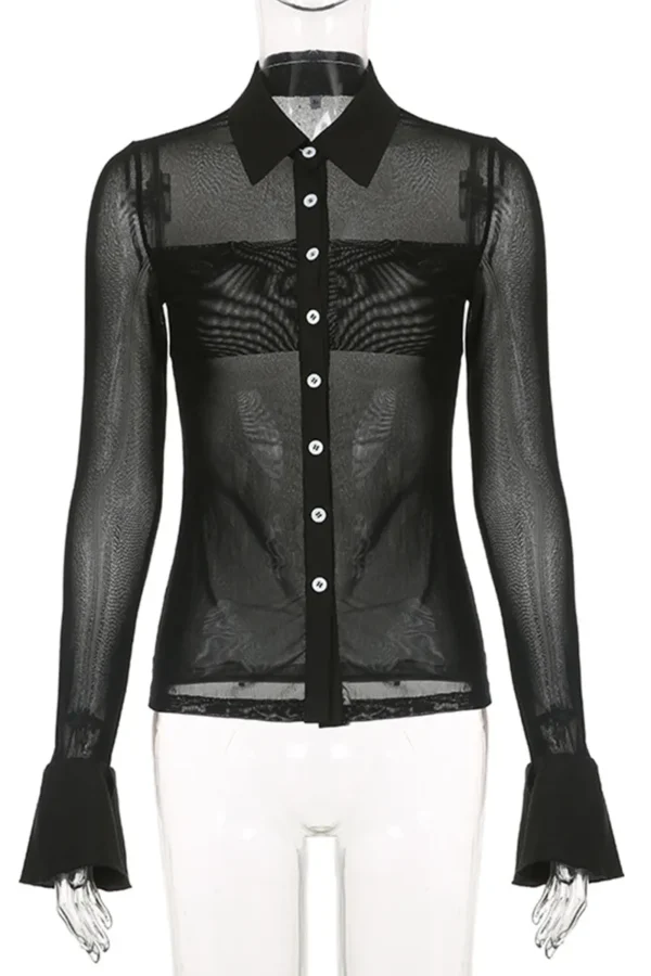 See-through Mesh Turndown Collar Tops