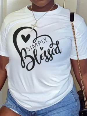 White Casual Letter Print Heart Shaped O Neck T-Shirts