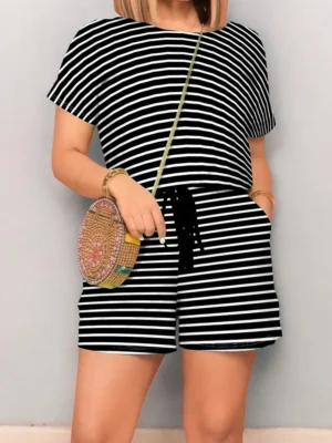 Casual Striped Draw String Pocket O Neck Regular Rompers