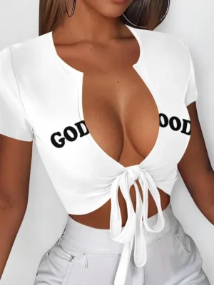 Letter Print Lace Up V Neck T-Shirts