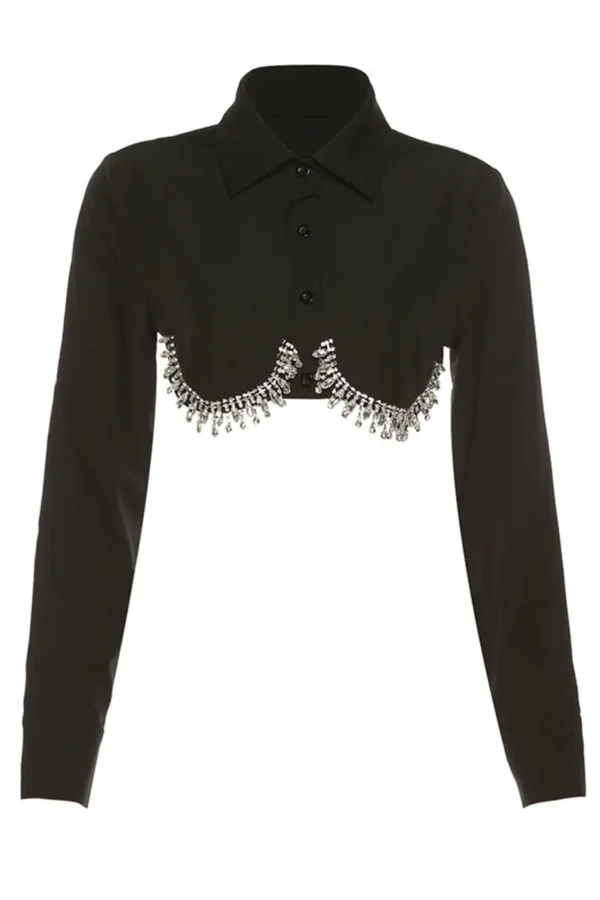 Black Street Solid Buttons Chains Shirt Collar Tops