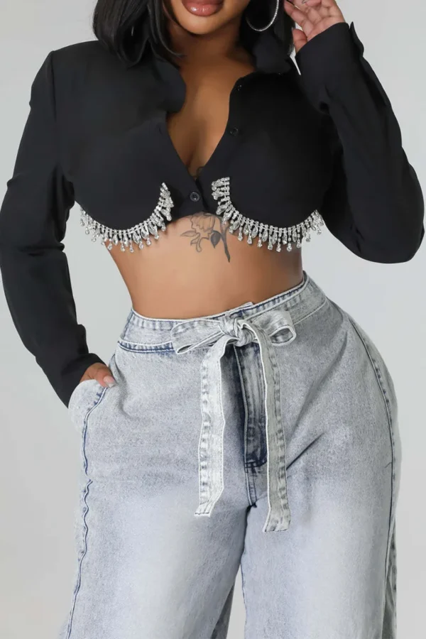 Black Street Solid Buttons Chains Shirt Collar Tops