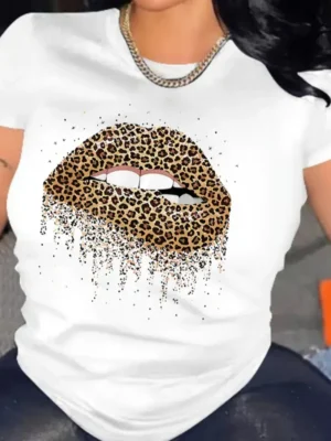 White Casual Leopard Print Lips Print O Neck T-Shirts